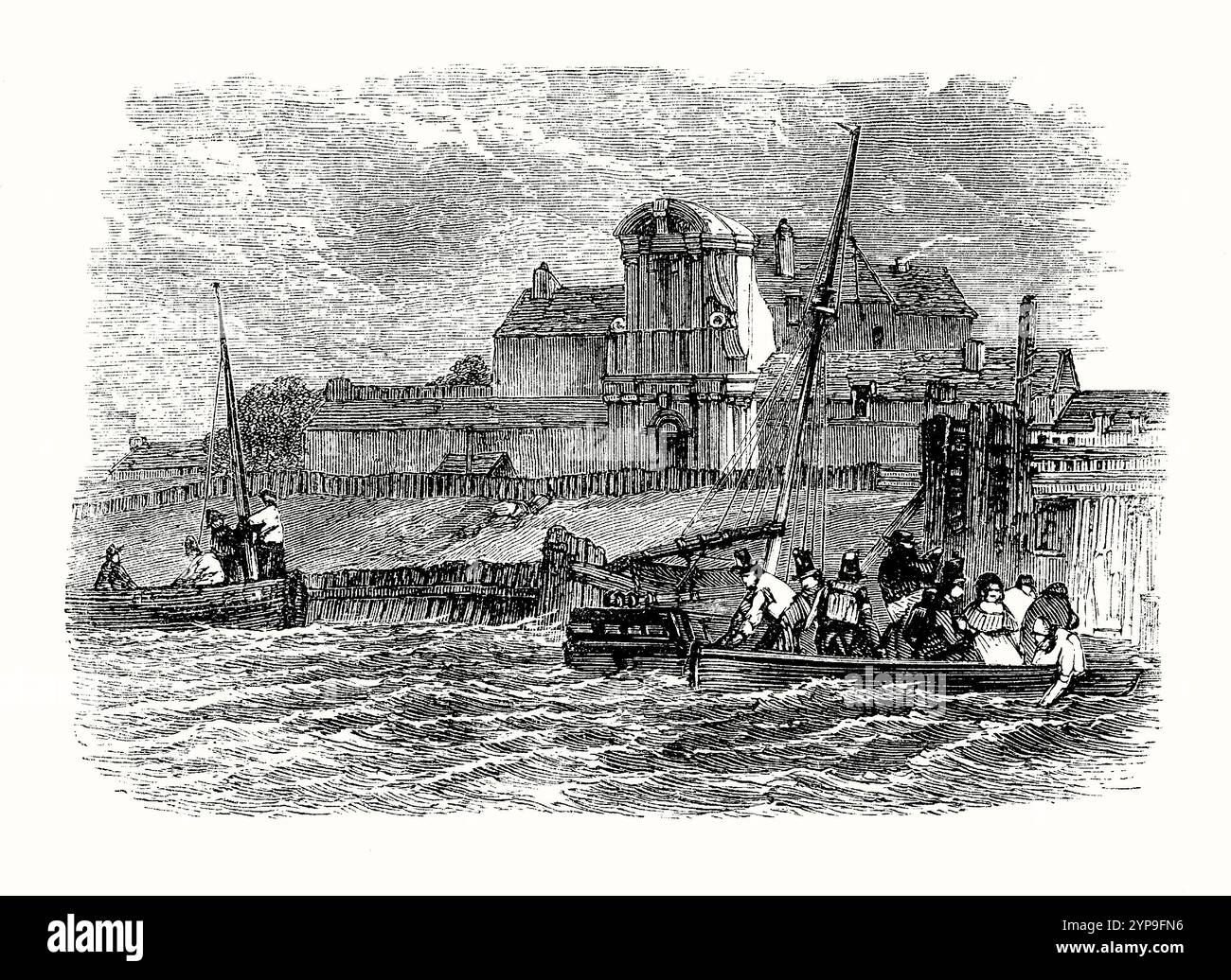 Ein alter Stich von Tilbury Fort an der Themse in Tilbury, Essex, England, Großbritannien in den 1500er Jahren – er stammt aus einem viktorianischen Geschichtsbuch. Das Tilbury Fort, auch bekannt als Thermitage Bulwark und West Tilbury Blockhouse, ist ein Artilleriefort am Nordufer des Flusses. Die früheste Version des Forts (wie hier gezeigt), bestehend aus einem kleinen Blockhaus mit Artilleriepositionen, die den Fluss bedeckten, wurde von König Heinrich VIII. Errichtet, um London vor Angriffen aus Frankreich zu schützen. Sie wurde während der Invasion der spanischen Armada im Jahr 1588 verstärkt. Stockfoto