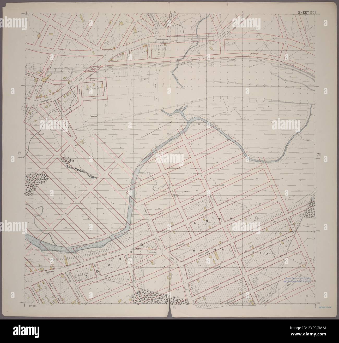 Blatt 25: Raster #20000E - 24000E, #1000S - 3000N. [Einschließlich Benson Estate und Haight Estate (Pelham Bay), Eastchester Road (Bronx Psychiatric Center), May Flower Avenue, Edison Avenue und Zullette Avenue.] 1905 Stockfoto