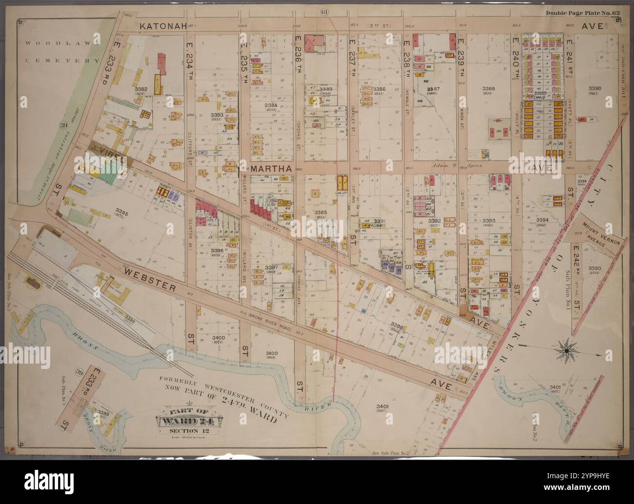 Double Page Plate No. 62, Part of Ward 24, Section 12: [Bounded by Katonah Avenue, E. 241st Street, City of Yonkers, Webster Avenue und E. 233rd Street] 1901 Stockfoto