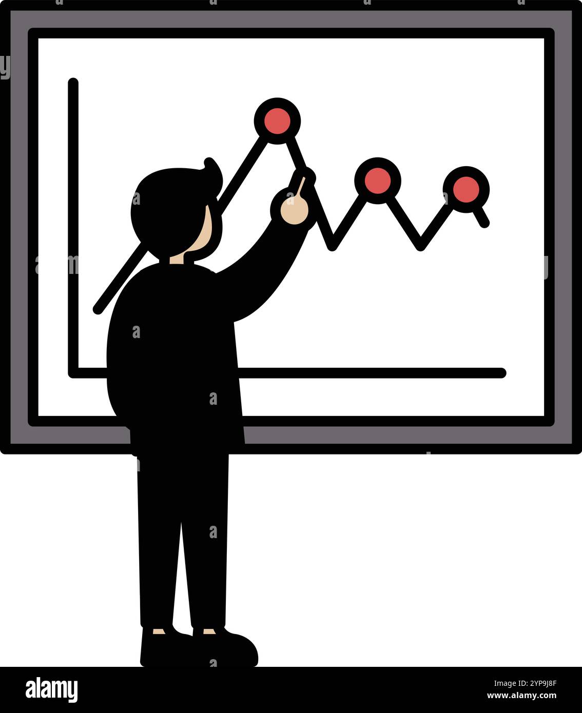 Ein Mann zeigt auf eine Grafik auf einem Whiteboard. Das Diagramm zeigt einen Abwärtstrend. Der Mann erklärt die Daten wahrscheinlich jemand anderem Stock Vektor