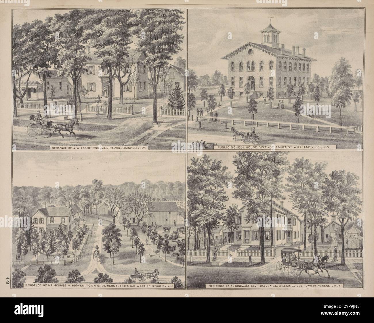 Residence of A. W. Eggert Esq., Main St., Williamsville, N.Y.; Public School House Dis't No.3 Amherst Williamsville, N.Y.; Residence of Mr. George W. Hoover, Town of Amherst, One Mile westlich von Swormville; Residence of A. Rinewalt Esq., Cayuga St., Williamsville, Town of Amherst, N.Y. 1880 by F.W. Beers & Co. Stockfoto