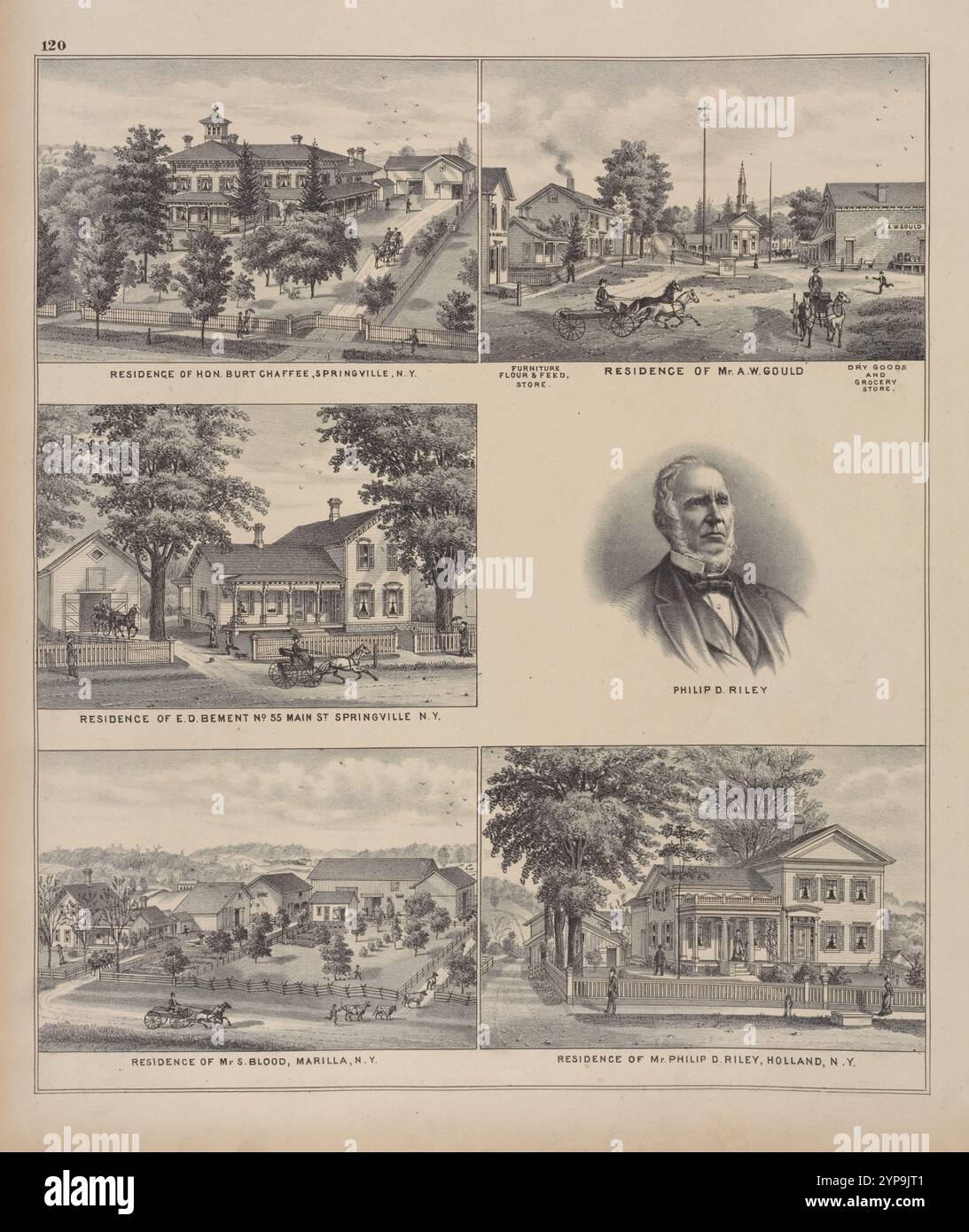 Wohnsitz von Hr. Burt Chaffee, Springville, N.Y.; Wohnsitz von E. D. Bement No. 55 Main St. Springville N.Y.; Wohnsitz von Mr. S. Blood, Marilla, N.Y.; Furnture Mehl & Feed, Store., Wohnsitz von Mr. A. W. Gould, Dry Goods and Grocery Store. Philip D. Riley; Wohnsitz von Philip D. Riley, Holland, N.Y. 1880 von F.W. Beers & Co. Stockfoto