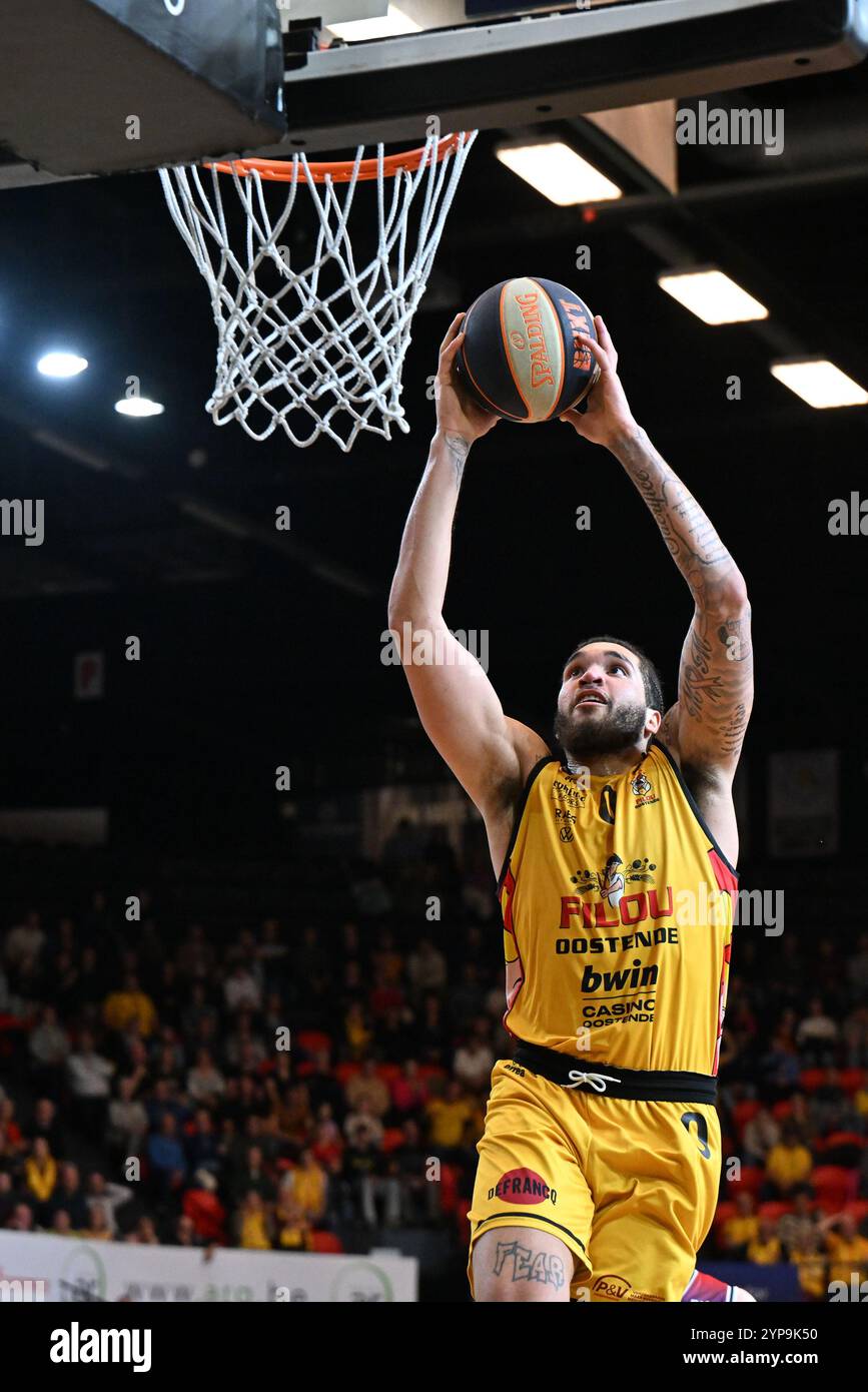 Timothy Allen (0) von BCO, dargestellt während eines Basketballspiels zwischen BC Filou Oostende und BC Limburg United am 11. Spieltag in der regulären Saison 24-25 der BNXT League, am 16. November 2024 in Oostende, BELGIEN. (Foto: David Catry / Isosport) Stockfoto