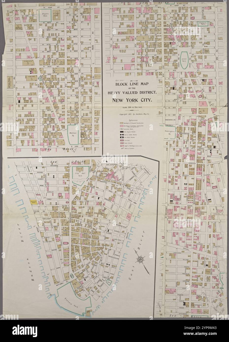 Block Line Map of the Heavy Value District, New York City 1913 von Sanborn Map Company Stockfoto