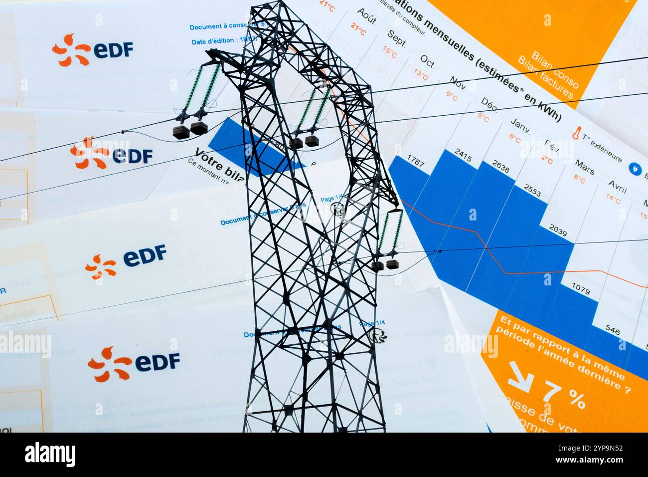 Stromrechnungen und Energieverbrauchsberichte werden in einem übersichtlichen Layout angezeigt. Frankreich Stockfoto