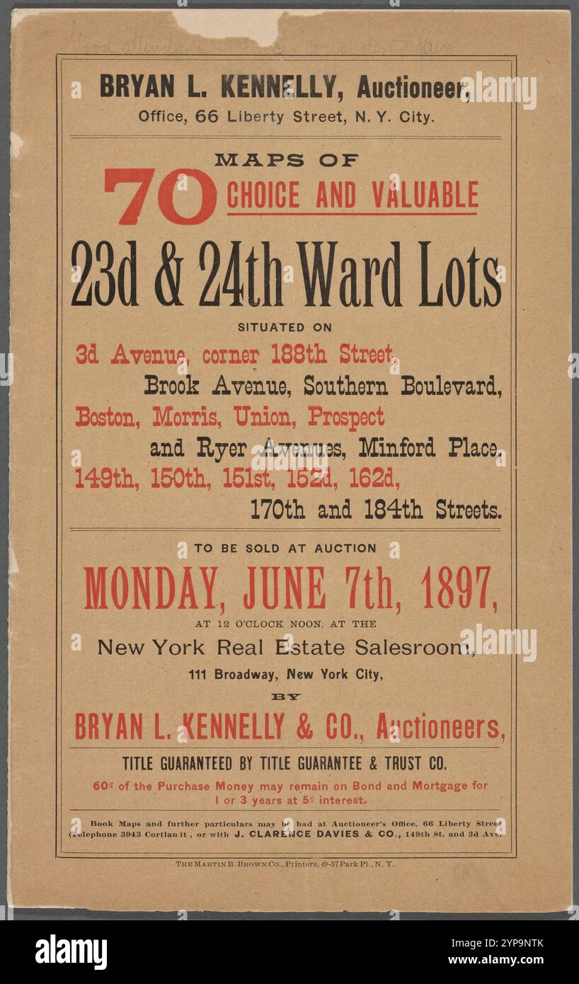 Karten von 70 ausgewählten und wertvollen Grundstücken des 23d & 24th Ward an der 3d Avenue, Ecke 188th Street, Brook Avenue, Southern Boulevard, Boston, Morris, Union, Prospect und Ryer Avenues, Minford Place, 149., 150., 151., 152d, 162d, 170th und 184th Street. Zur Auktion. 7. Juni 1897 Stockfoto