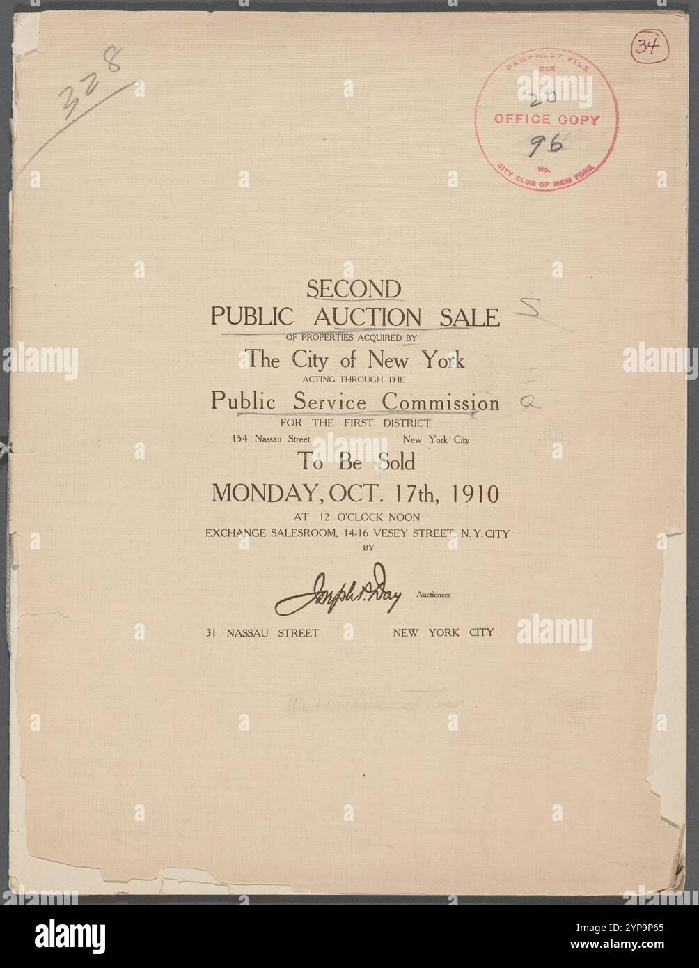 Second Public Auction Verkauf von Immobilien, die die Stadt New York durch die Public Service Commission for the First District 1910 erworben hat Stockfoto