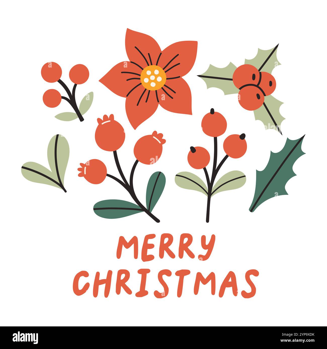 Frohe Weihnachten einfache Karte auf weißem Hintergrund mit handgeschriebenem Text. Flaches Weihnachtsdesign für Poster, Karte, Aufkleber. Stock Vektor