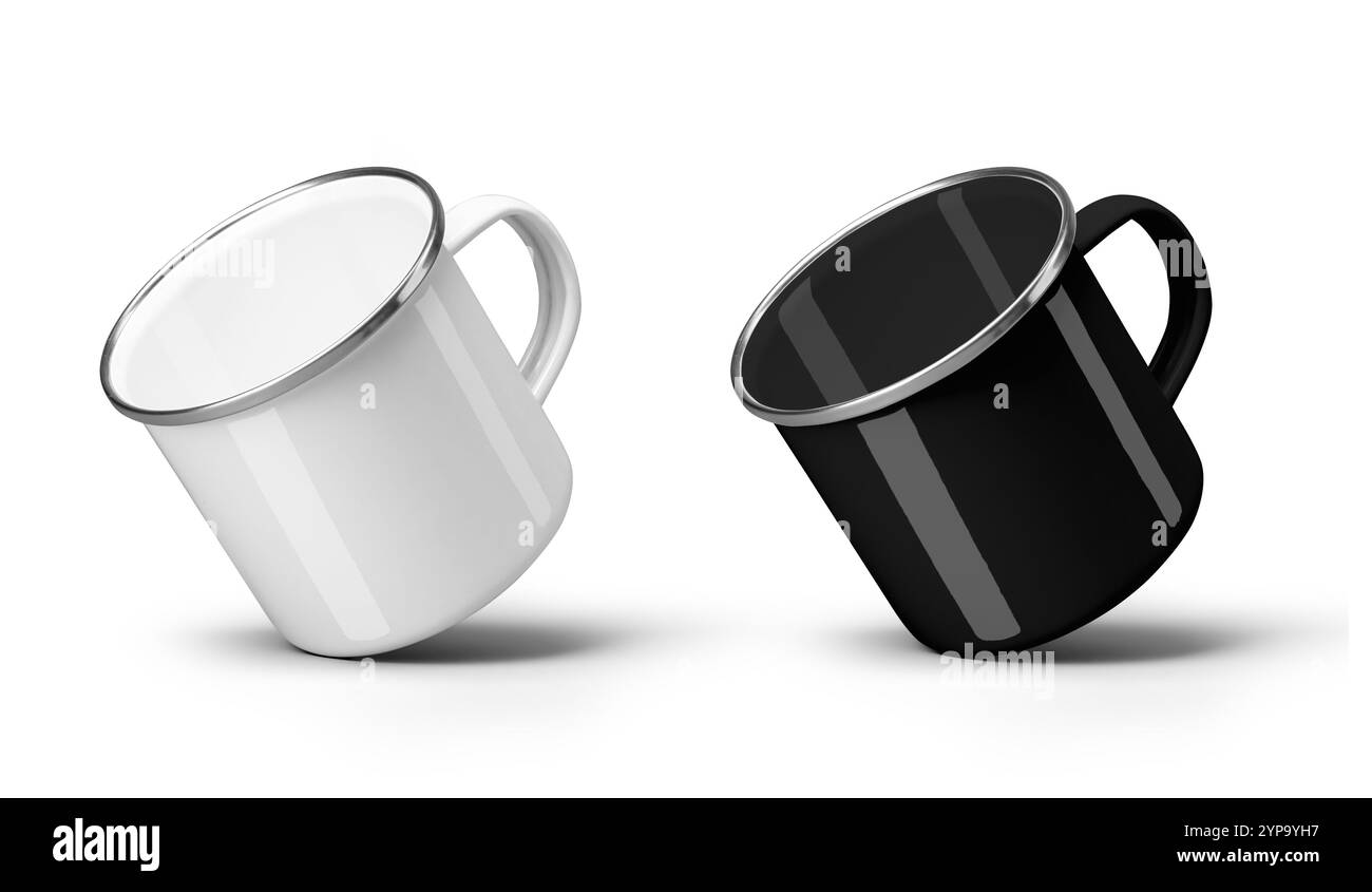 Modell aus weißem, schwarz emailliertem Becher mit silbernem Rand, diagonale Präsentation, für Design. Set aus eisernen Tassen für Werbung, Branding. Vorlage für leer Stockfoto