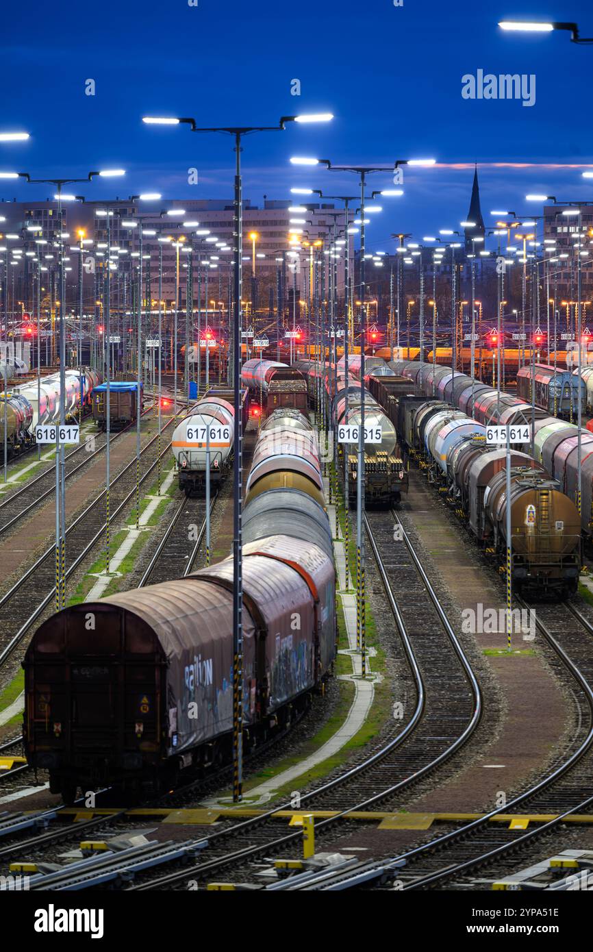 PRODUKTION - 26. November 2024, Sachsen-Anhalt, Halle (Saale): Güterwagen stehen auf dem Bahnformationsbahnhof im Rangierbahnhof Halle/Saale. Die Anlage ist eine der modernsten ihrer Art in Europa. Der Bahnknotenpunkt Halle/Saale ist ein wichtiger Knotenpunkt für den Güter- und Personenverkehr in Mitteldeutschland. Foto: Hendrik Schmidt/dpa Stockfoto