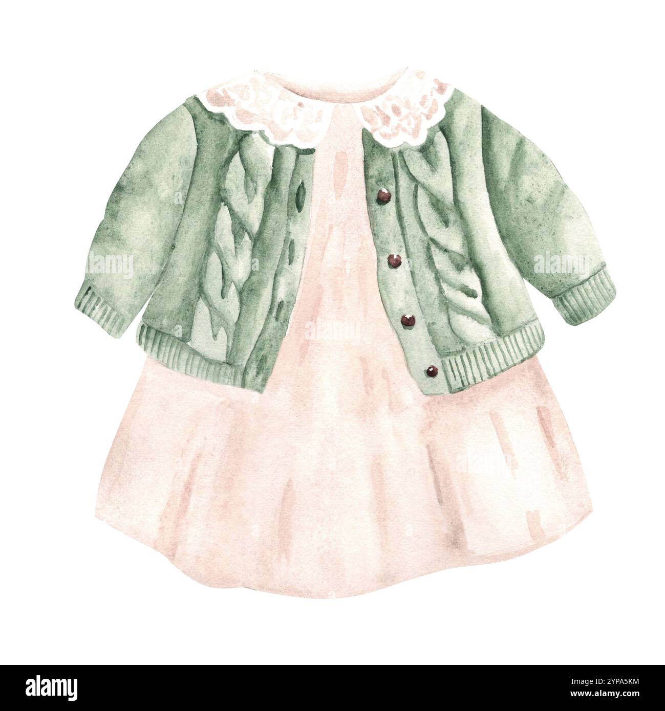 Kleid für Mädchen und Strickjacke. Handbemalt, süße Kinder Winterkleidung Set. Aquarellillustration im Vintage-Stil isoliert auf weißem Hintergrund Stockfoto