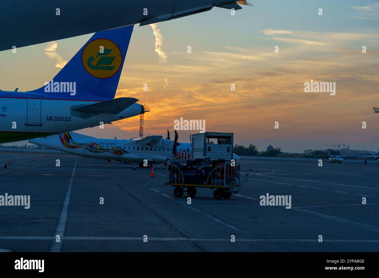 Ein großes Flugzeug parkt auf dem Rollfeld mit einem Gepäckwagen Stockfoto