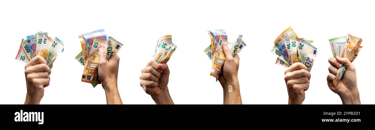 Unterschiedliche Hände, die Euro-Banknoten isoliert halten Stockfoto