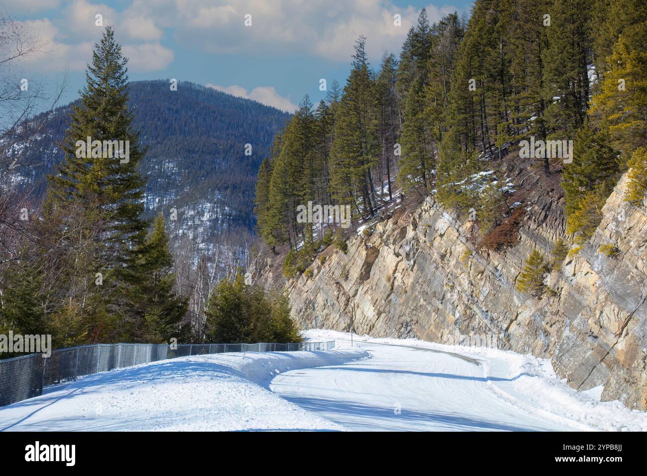 Schneebedeckte Bergstraße im Winter im Flathead National Forest, Montana, USA Stockfoto