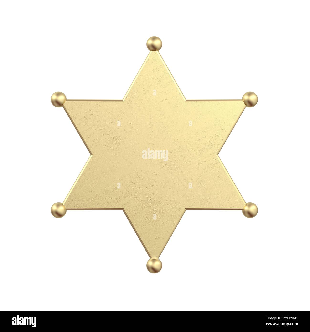 Leeres goldenes Sheriff-Abzeichen. Stern. Isoliert. Kopierbereich. 3D-Abbildung. Stockfoto