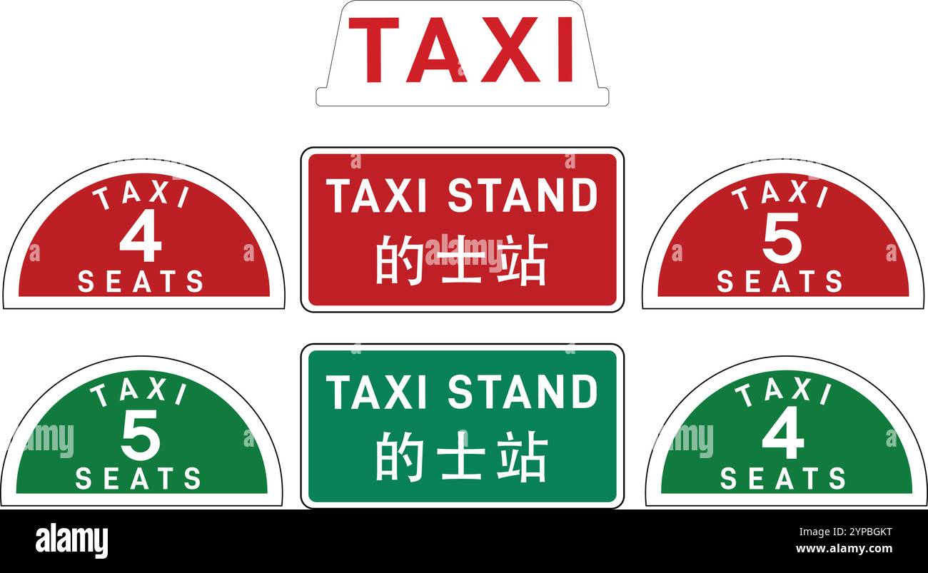 Der isolierte Vektor Hong Kong rot grün Stadt Taxi Auto Bilder, Symbole und Top Licht Stock Vektor