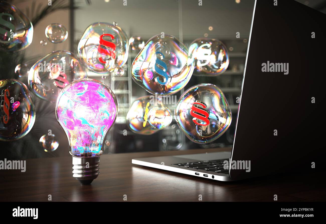 3D-Darstellung. Farbenfrohe Glühlampe mit irisierender bubb Glühlampe, die leuchtende Farben ausstrahlt, mit Blasen, die legale Symbole zeigen, platziert Stockfoto