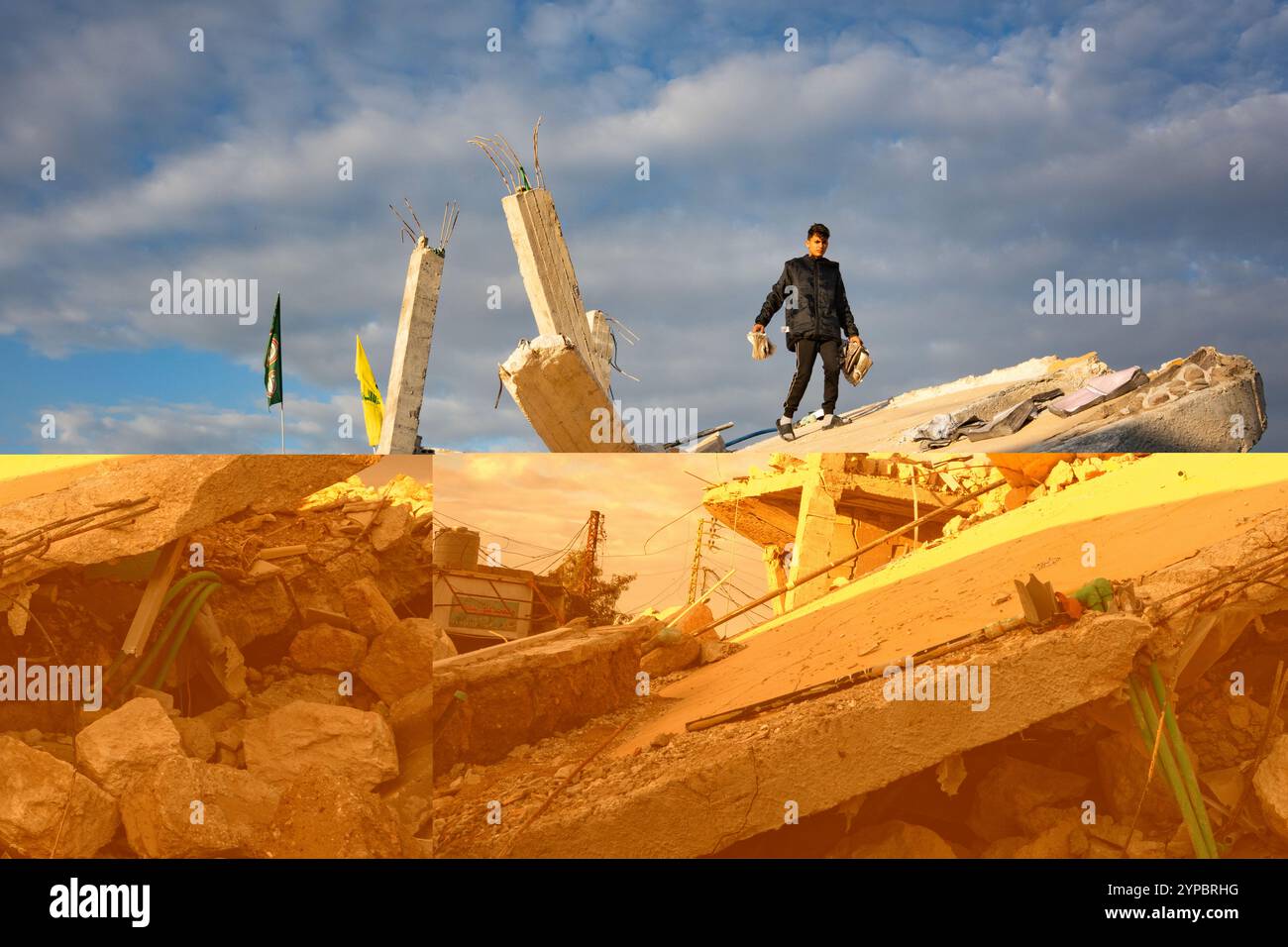 Nabatieh, Libanon. November 2024. Ein Junge geht am zweiten Tag des Waffenstillstands über ein Gebäude, das durch Beschuss in der südlibanesischen Stadt Tyr zerstört wurde. Der Krieg zwischen der Hisbollah und Israel führte dazu, dass 1,3 Millionen Menschen aufgrund von Bombenanschlägen aus ihren Häusern flohen und mindestens 4.000 Menschen starben. Nach dem Waffenstillstand am 26. November wurden die Straßen des Libanon nach Dahiye und in die südlichen Städte mit einer großen Anzahl von Wohnwagen gefüllt, die in ihre Heimat zurückkehrten. (Credit Image: © Ximena Borrazas/SOPA images via ZUMA Press Wire) NUR REDAKTIONELLE VERWENDUNG! Nicht für kommerzielle ZWECKE! Stockfoto