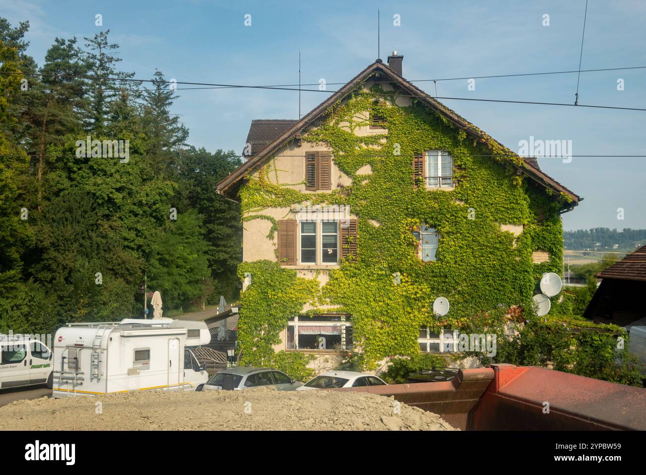 Landhaus mit grünem Efeu Stockfoto