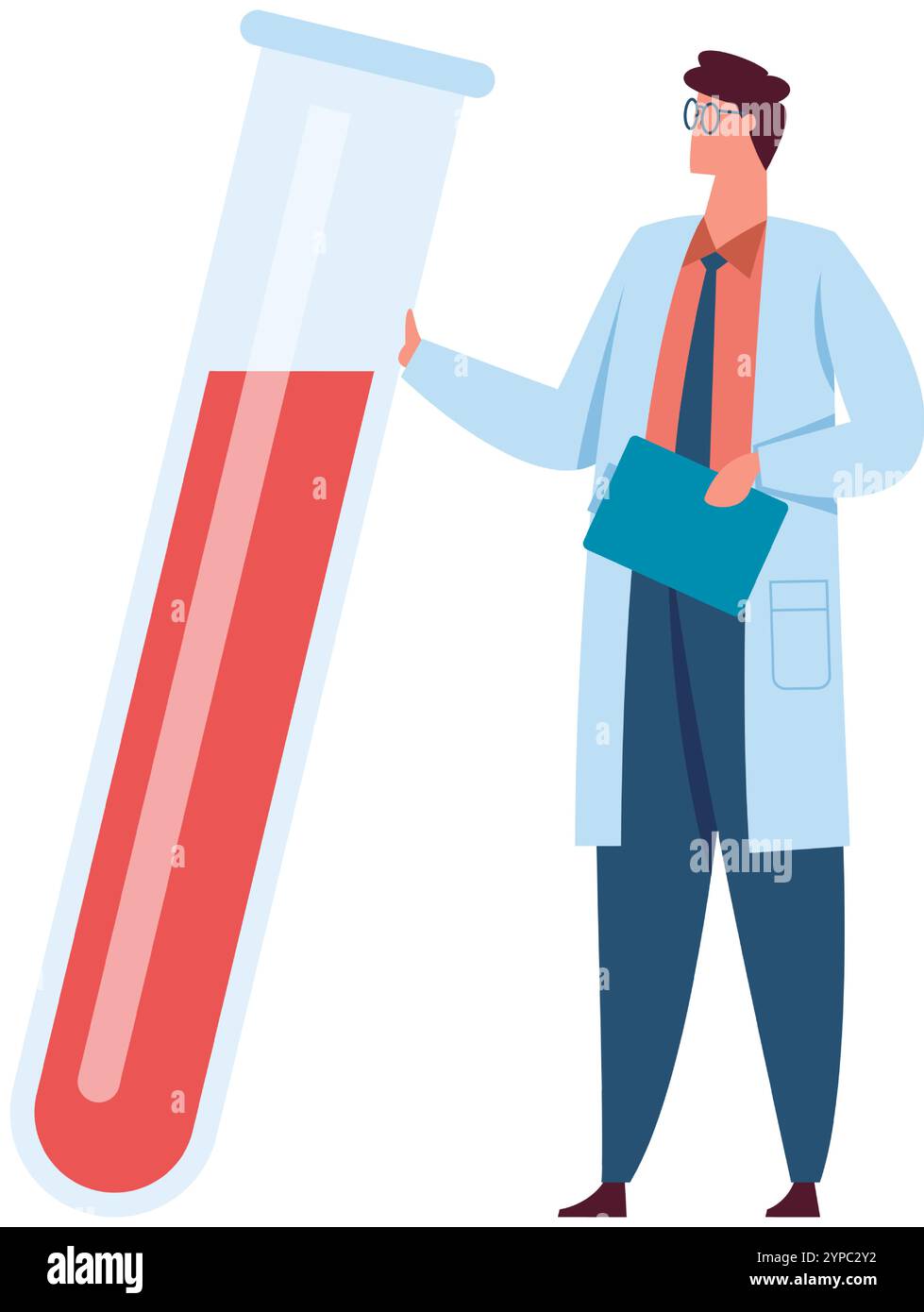 Wissenschaftler im Laborkittel, der ein Klemmbrett hält, präsentiert ein riesiges Reagenzglas mit einer roten Flüssigkeit, möglicherweise Blut, was auf medizinische Forschung oder Labor hindeutet Stock Vektor