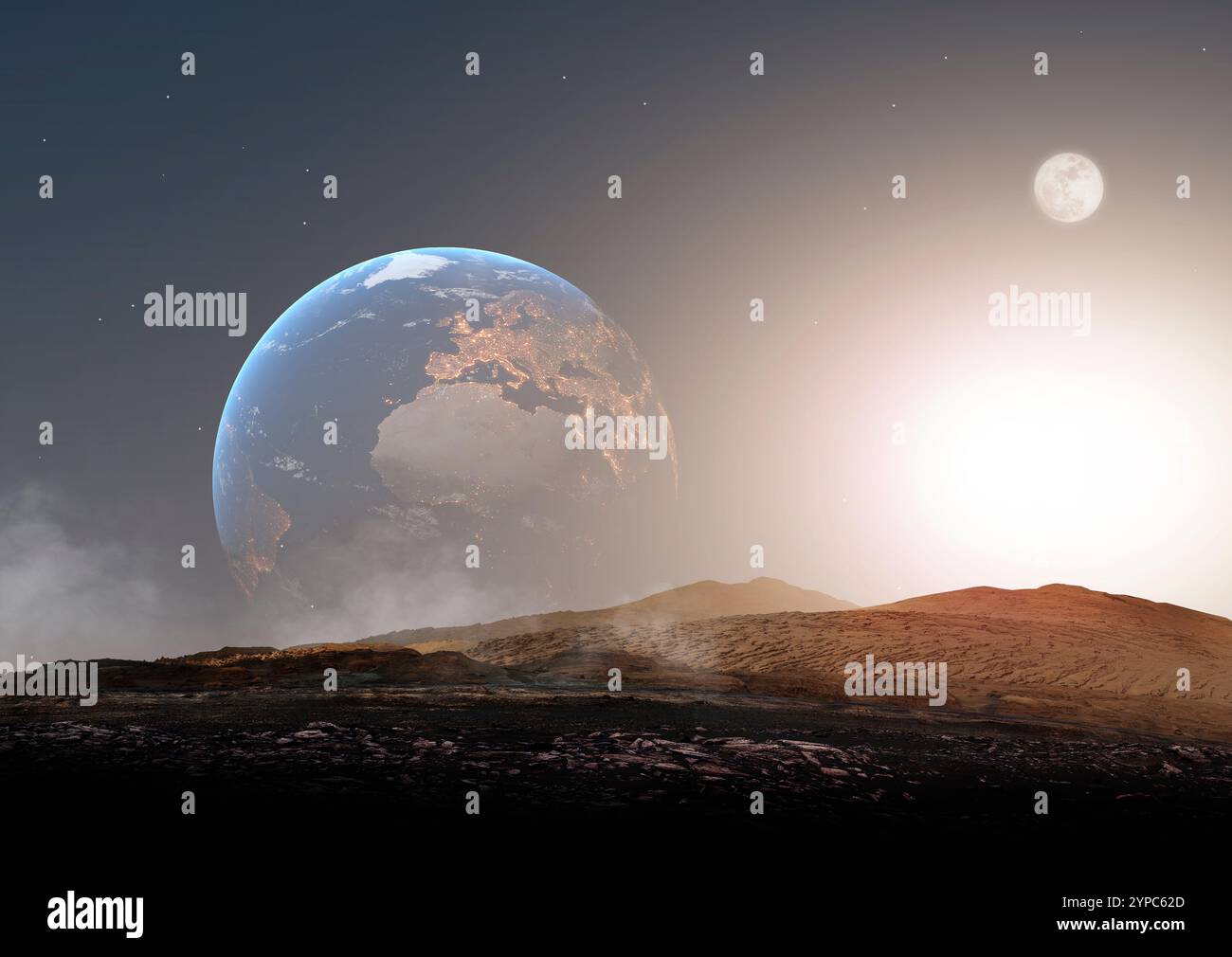 Die Erde erhebt sich über einem fernen Planeten-Horizont, mit dem Mond im Blickfeld und einer surrealen kosmischen Atmosphäre. Ideal für die Automobilindustrie, Sci Fi und Spa Stockfoto