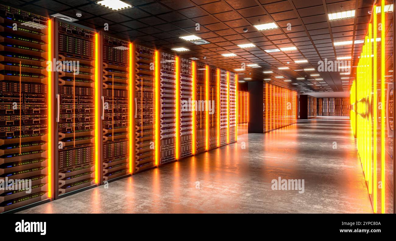 Moderner Serverraum im Rechenzentrum mit orangefarbenen Lichtern im 3D-Hintergrund Stockfoto