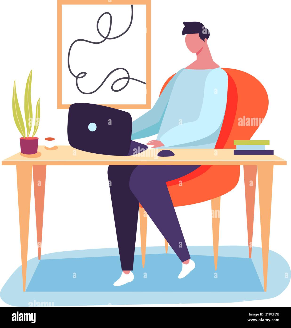 Junger Mann, der am Schreibtisch sitzt und mit einem Laptop arbeitet, von zu Hause aus arbeitet, einen komfortablen und produktiven Arbeitsplatz mit einer Tasse Kaffee und Büchern genießt Stock Vektor