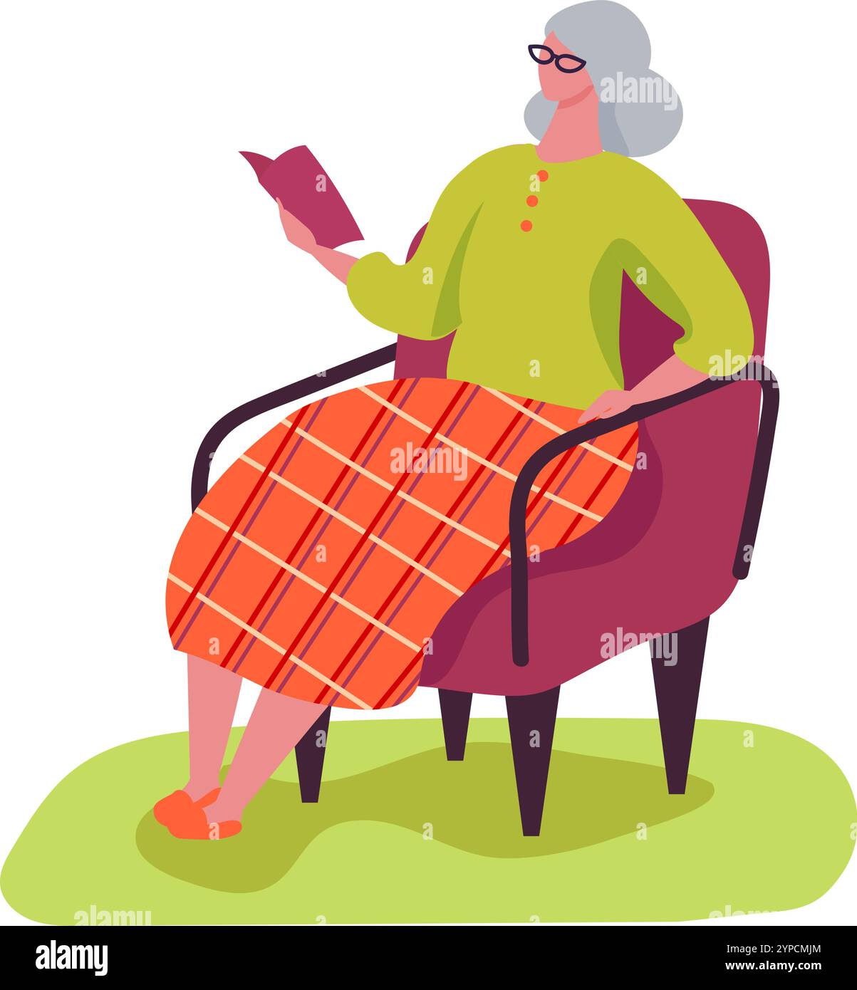 Seniorin genießt ihren Ruhestand, sitzt bequem in einem Sessel, liest ein Buch, taucht in die Literatur ein, findet Ruhe und Entspannung im Stock Vektor