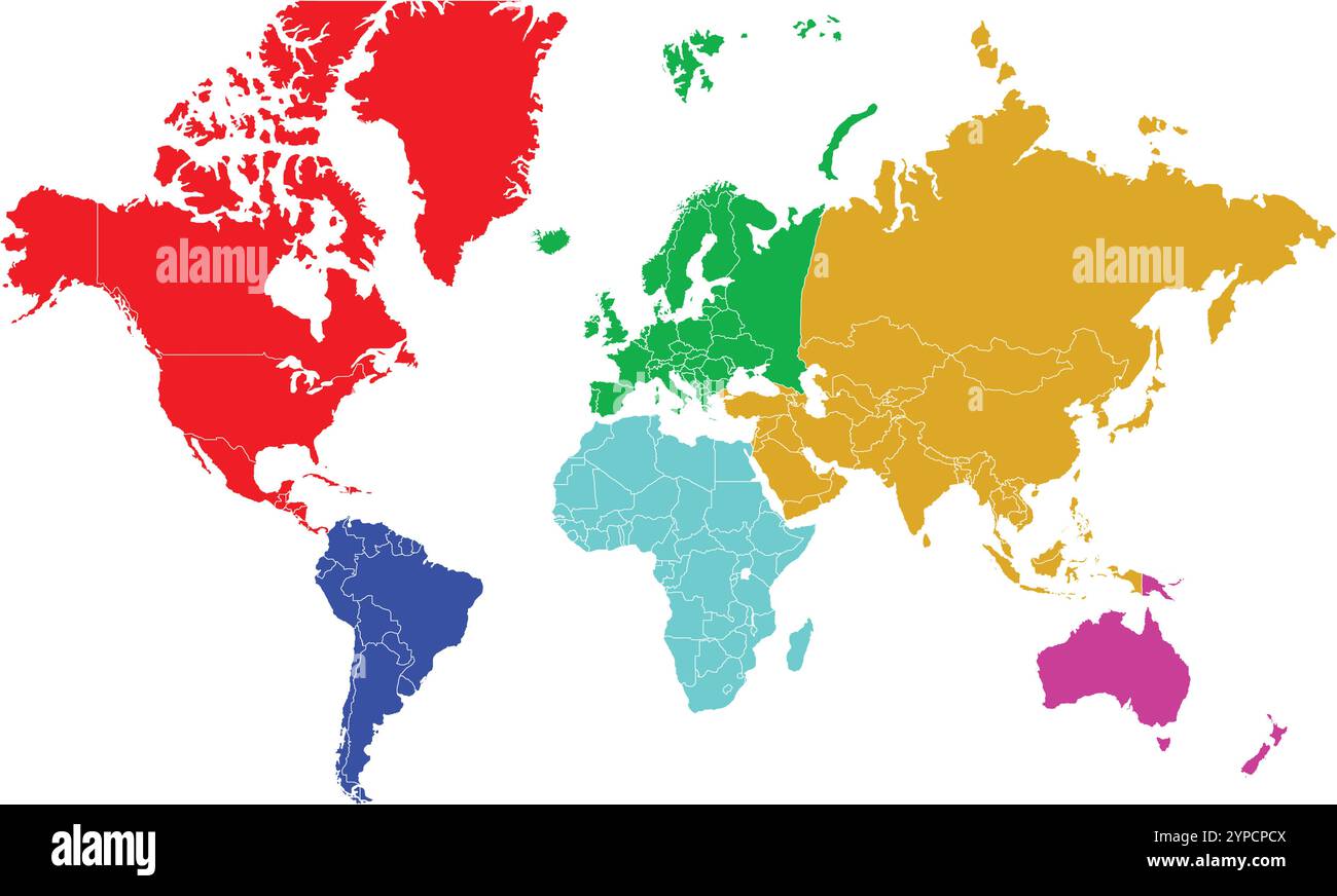 6 Kontinent in Weltkarte, Farbe Weltkarte, Geographische Karte, Landkarte, Kontinentalgrenze, Asien, Afrika, Europa, Nordamerika, Südamerika Stock Vektor