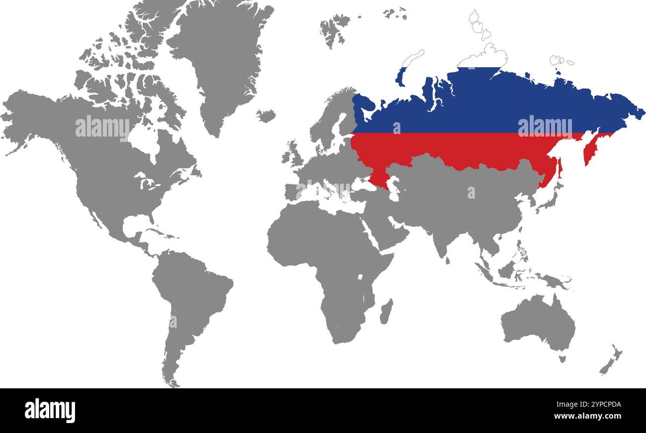 Russland in Weltkarte, Weltkarte, geografische Karte, Russland Karte, Russland Grenzlinie, Asien, Afrika, Europa, Nordamerika, Südamerika, Australien Ozeanien Stock Vektor