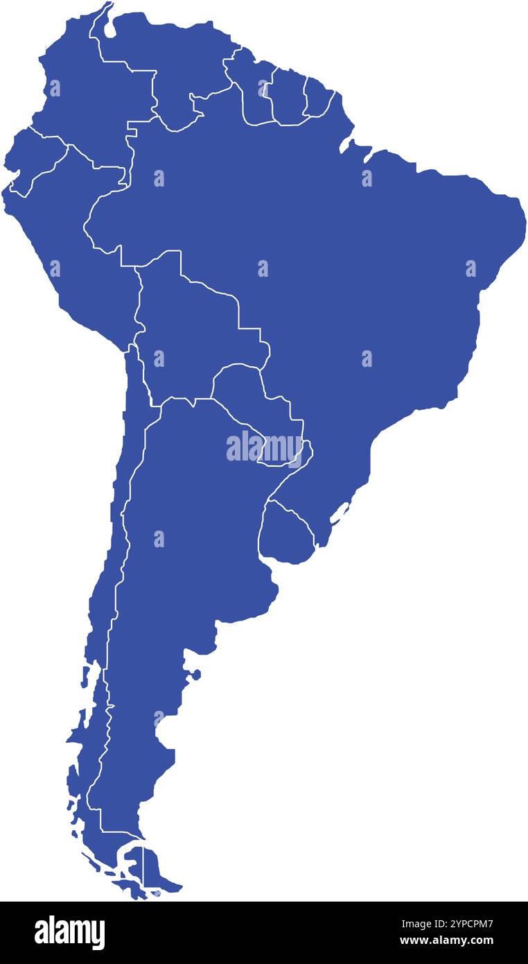 Südamerika-KARTE in Blau, Ländergrenze, Südamerika-Karte, Grenzlinie Südamerikas, geografische Karte Stock Vektor