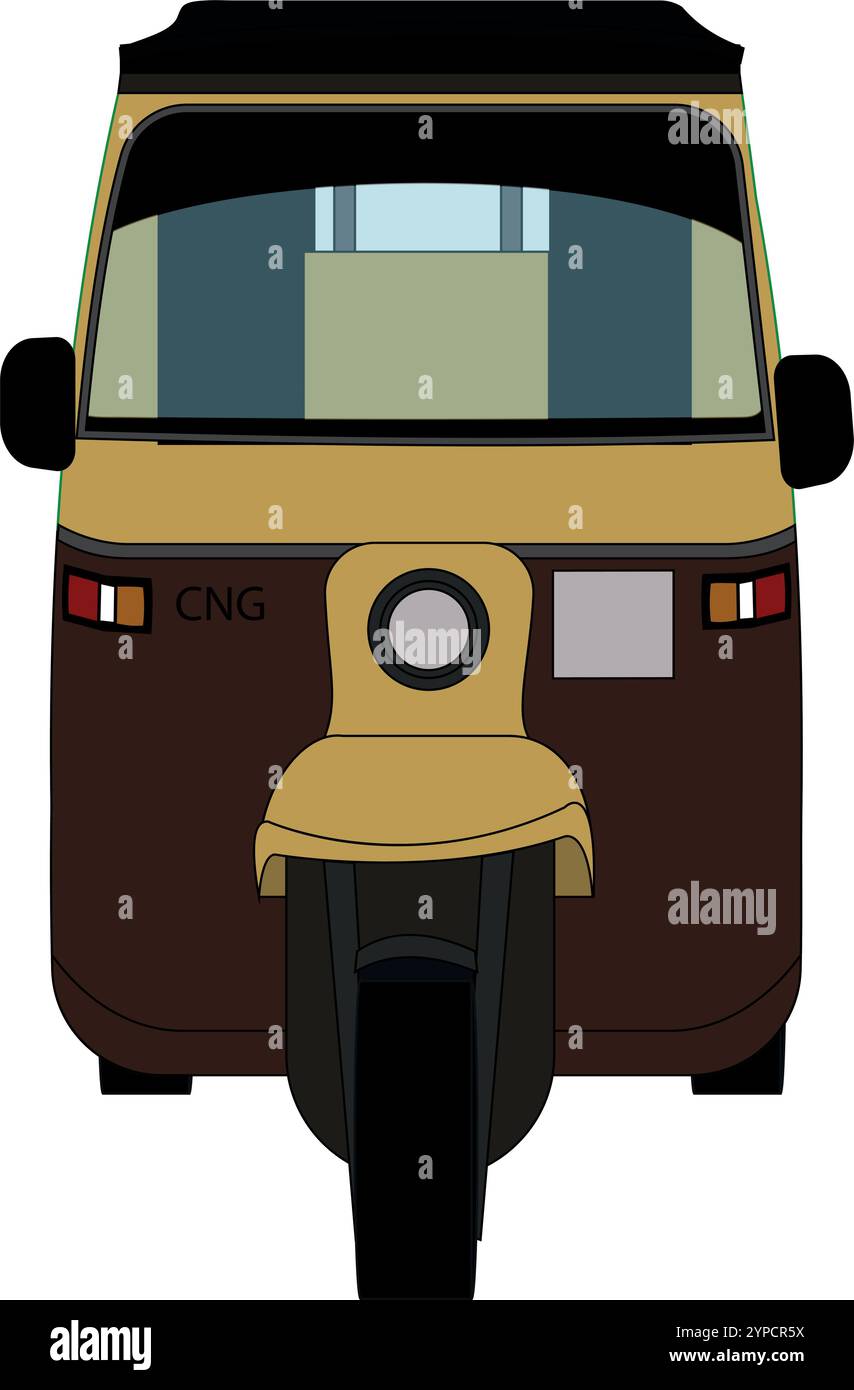 Gelbe Auto-Rikscha indianer und pakistan. Auto Rikshaw Vektor-Illustration, CNG Auto Rikshaw, indisches Dreirad-Taxi, Auto Rikscha Vorderansicht. Stock Vektor