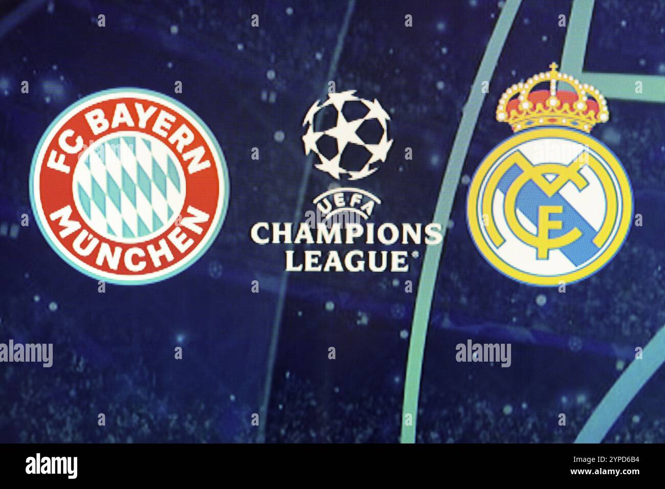30. April 2024, Brasilien. In dieser Abbildung sind die Schilde der Teams Bayern München und Real Madrid im Halbfinale des UEFA-Champions zu sehen Stockfoto 30. April 2024, Brasilien. In dieser Abbildung sind die Schilde der Teams Bayern München und Real Madrid im Halbfinale des UEFA-Champions zu sehen Stockfoto