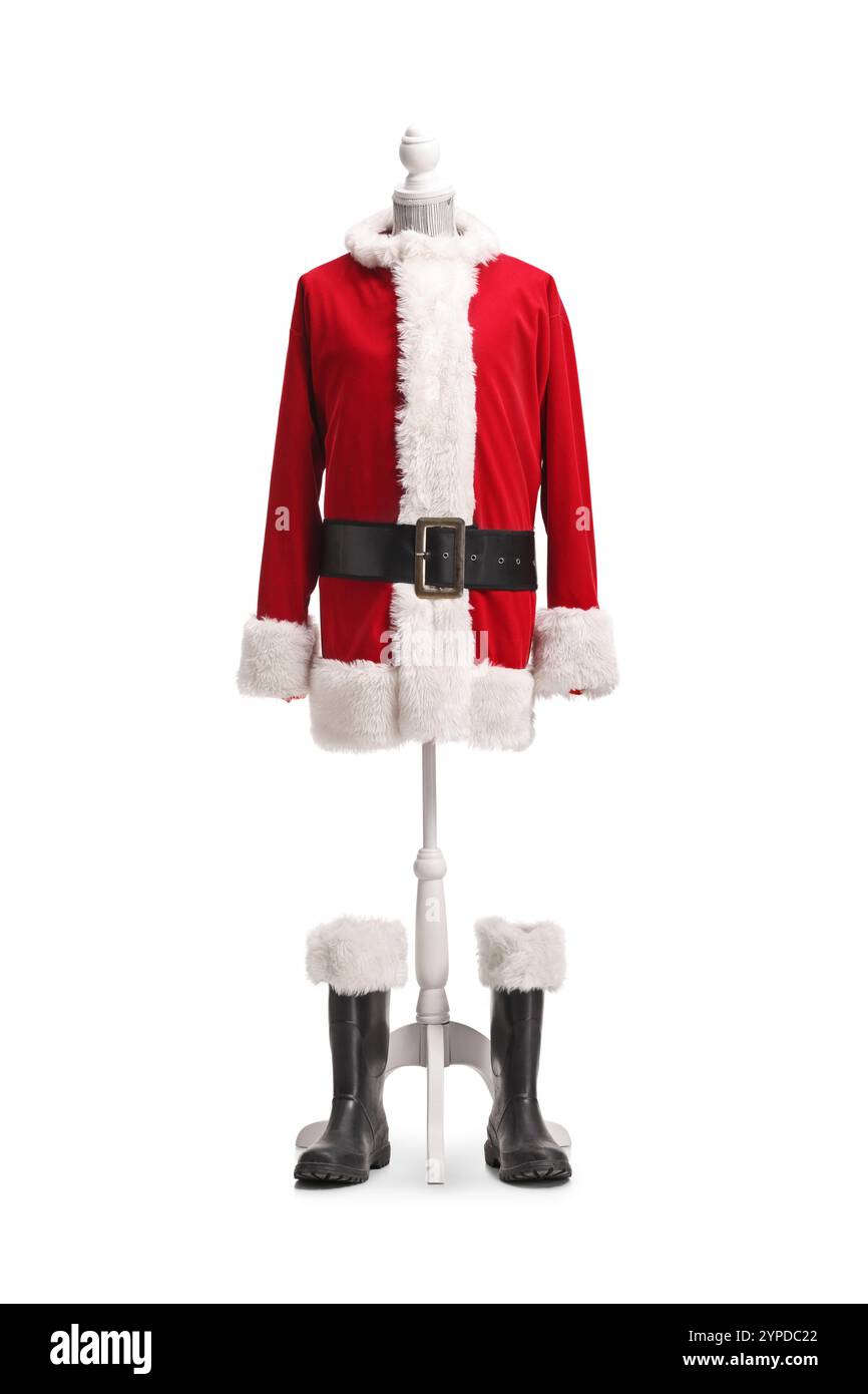 Weihnachtsmannskostüm auf einer Puppe isoliert auf weißem Hintergrund Stockfoto