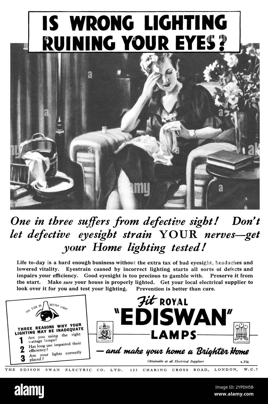 1937 britische Leuchtenwerbung der Edison Swan Electric Company für Ediswan Lamps. Stockfoto