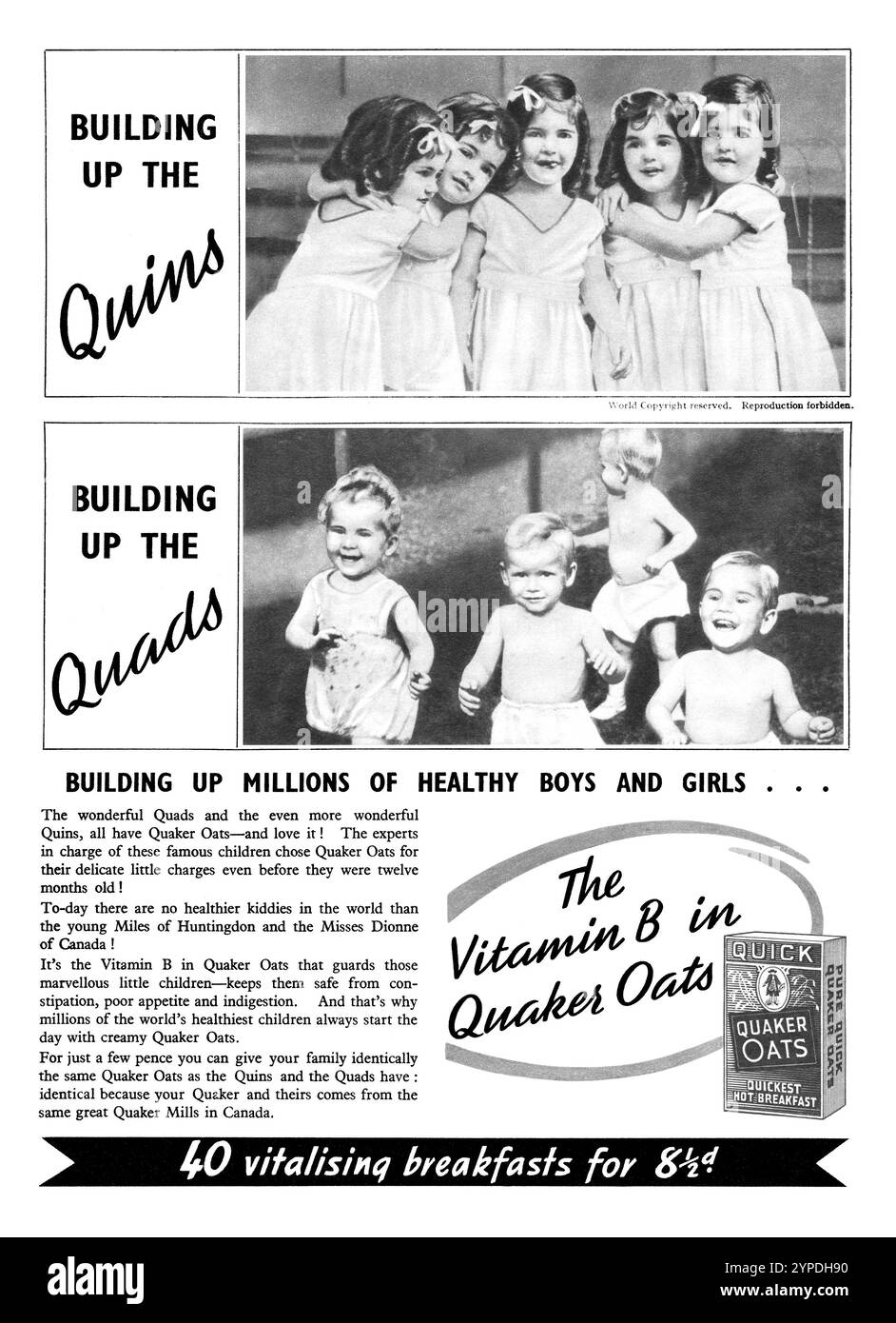 1937 britische Lebensmittelwerbung für Quaker Oats. Stockfoto