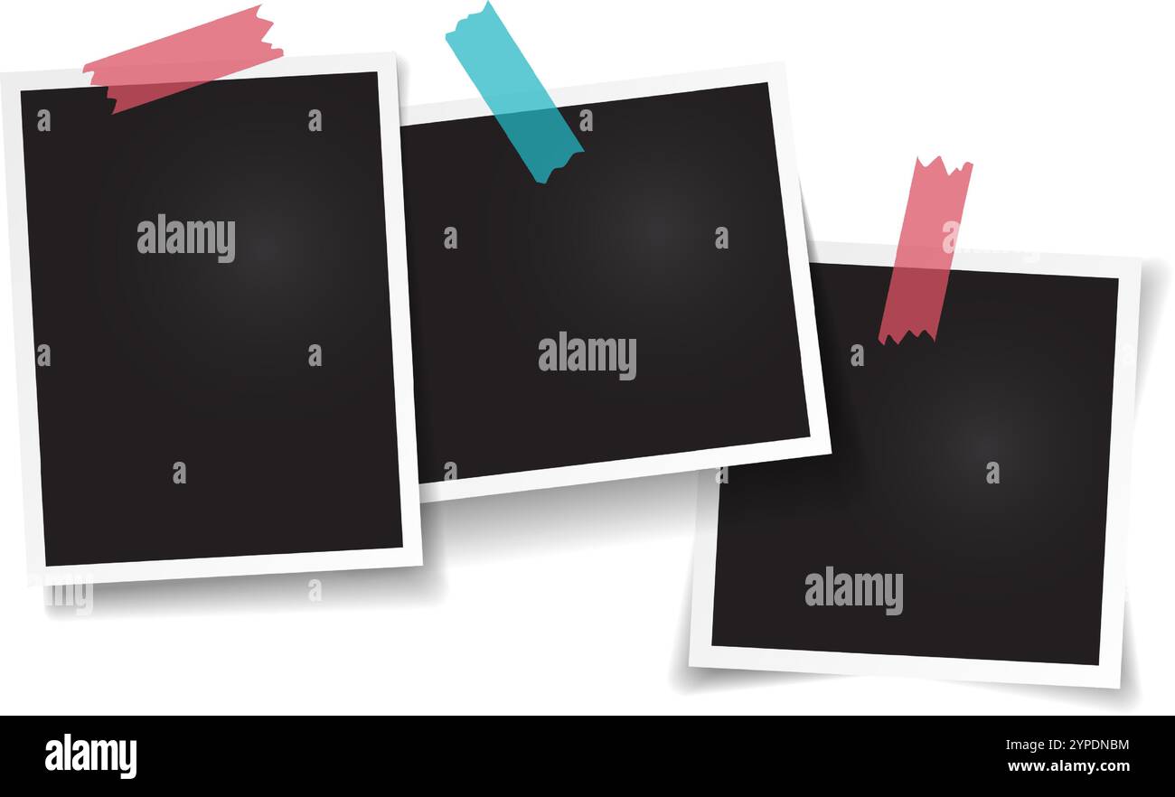 Drei leere Sofortfotos mit farbenfrohem Klebeband, perfekt für Erinnerungen und kreative Projekte. Personalisiere sie für diy-Dekoration, Grußkarten und mehr Stock Vektor