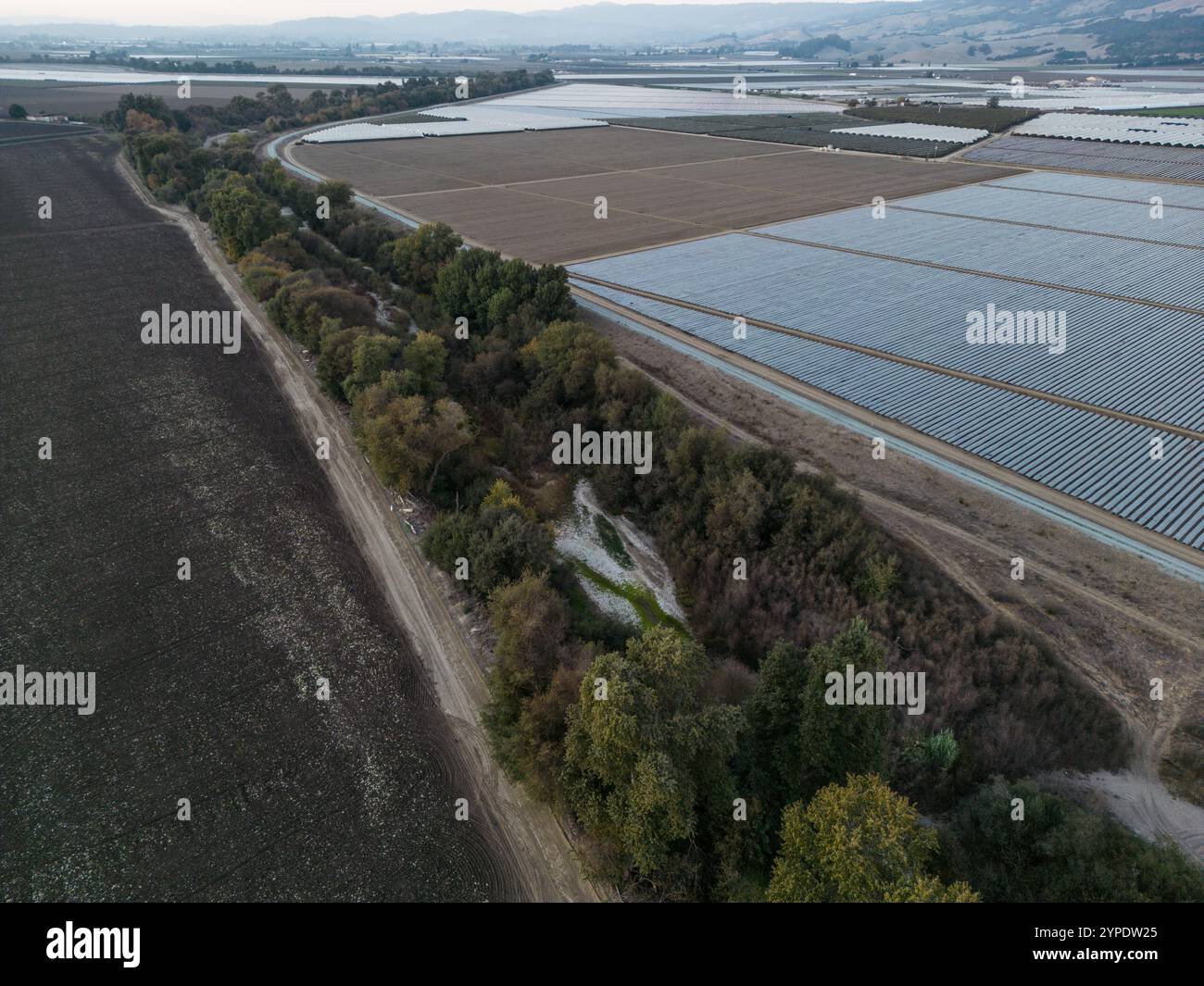 Ein Blick aus der Vogelperspektive auf den Pajaro und die ihn umgebenden landwirtschaftlichen Felder auf allen Seiten in der Nähe von Watsonville, Kalifornien, USA. Stockfoto