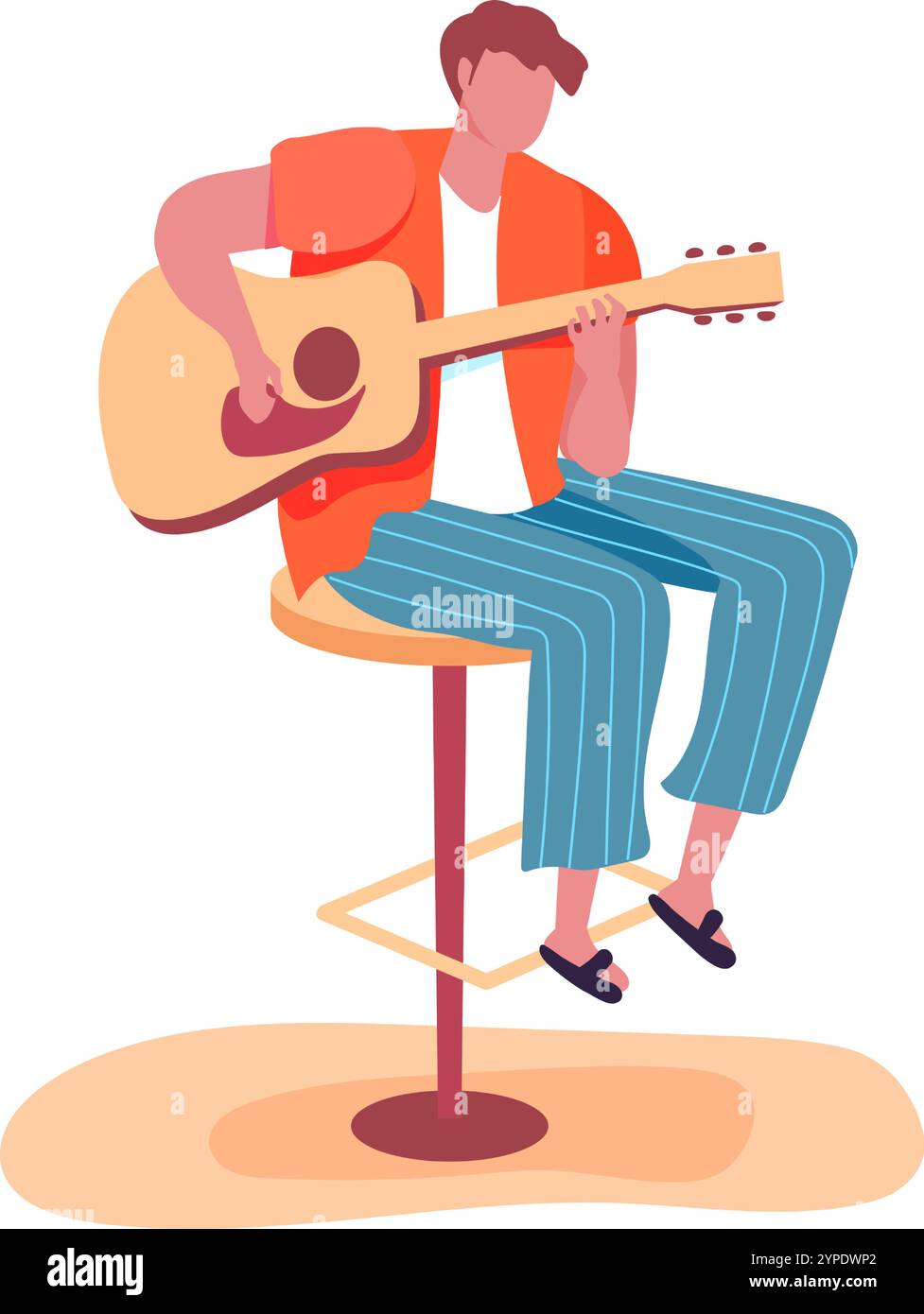 Der junge Musiker spielte Akustikgitarre, saß auf einem Hocker und spielte Live-Musik in einer entspannten und inspirierenden Atmosphäre Stock Vektor