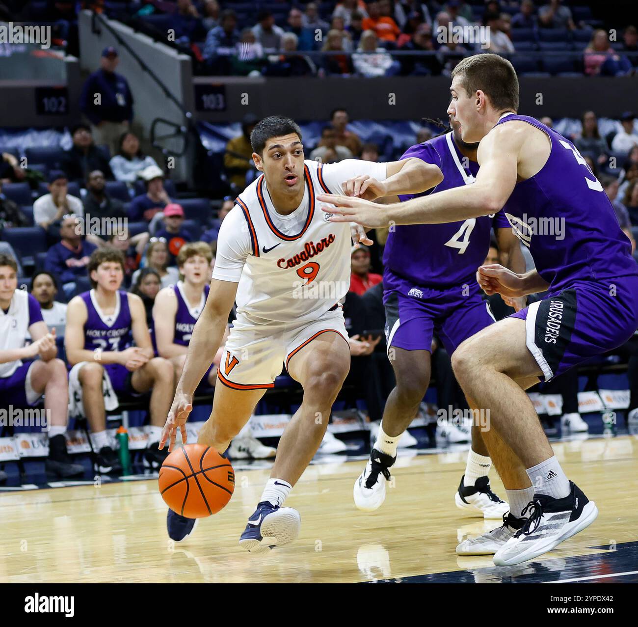 Charlottesville, VA, USA. November 2024. Die Virginia Cavaliers Guard #9 Ishan Sharma versucht, um die Holy Cross Crusaders Guard/Forward (30) Joe Nugent während eines NCAA Männer Basketballspiels zwischen den Holy Cross Crusaders und der University of Virginia Cavaliers in der John Paul Jones Arena in Charlottesville, VA, zu umgehen. Justin Cooper/CSM/Alamy Live News Stockfoto