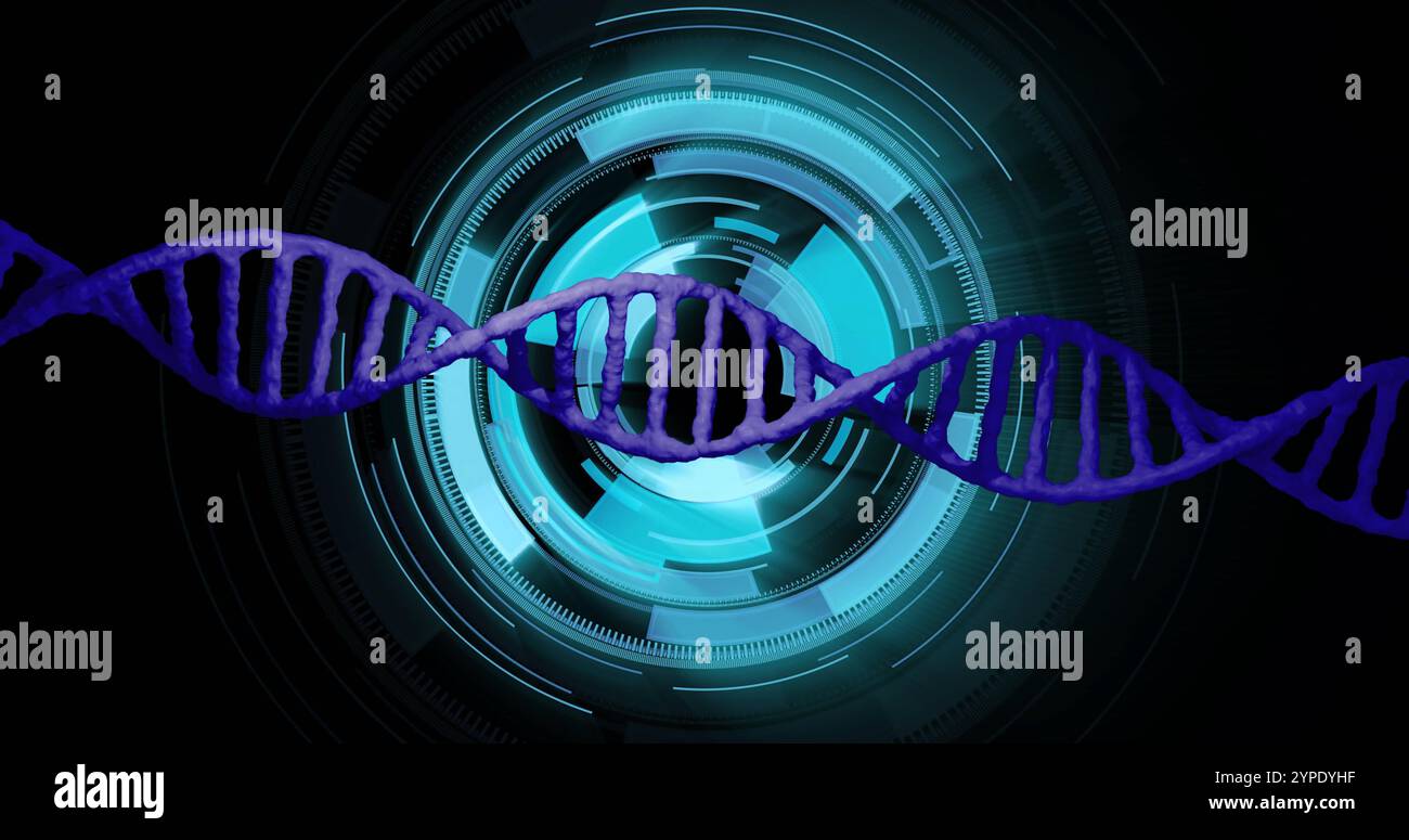 DNA-Strang dreht sich über futuristischem digitalem Schnittstellenbild Stockfoto