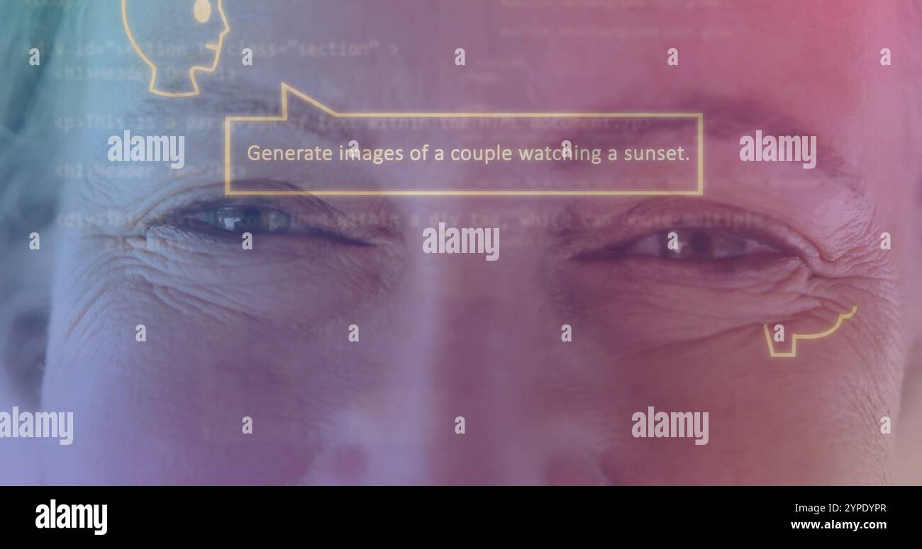 Nahaufnahme der Augen mit KI-Text Erstellen Sie Bilder von Paaren, die den Sonnenuntergang beobachten Stockfoto