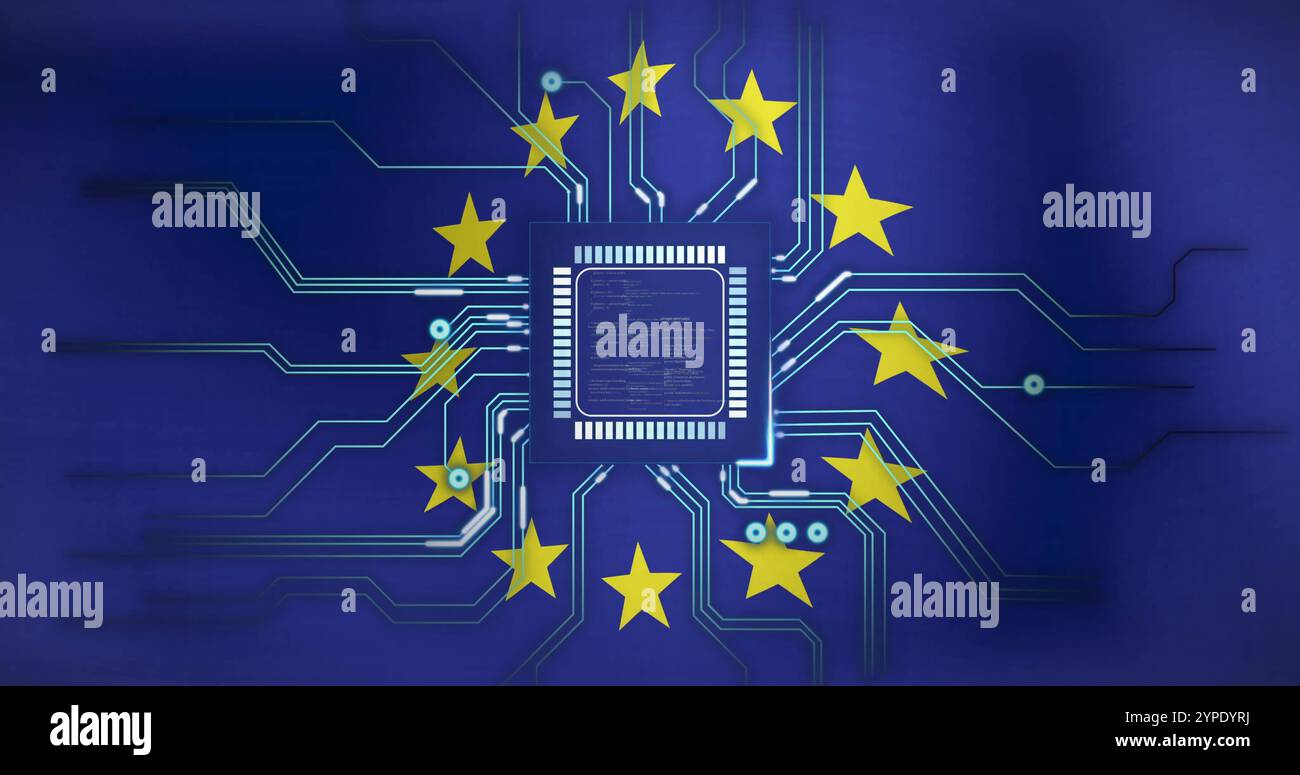 Abbildung: Mikrochip und Schaltkreis über EU-Flagge mit Sternen Stockfoto