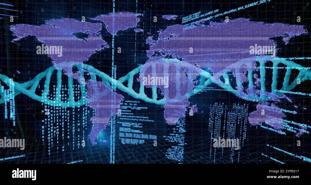 DNA-Stränge und binäre Codierungsbilder auf der Weltkarte Stockfoto