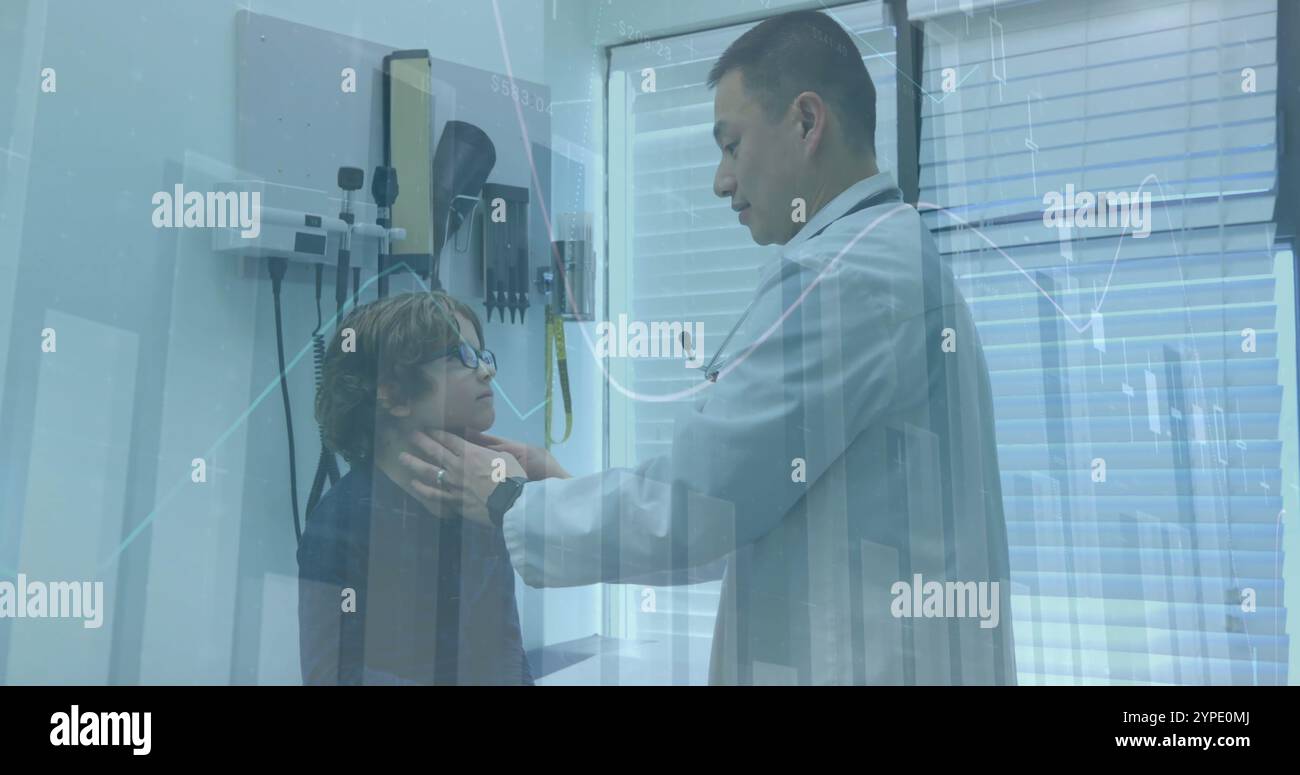 Bild der Finanzdatenverarbeitung über verschiedene männliche Ärzte und Jungen Stockfoto