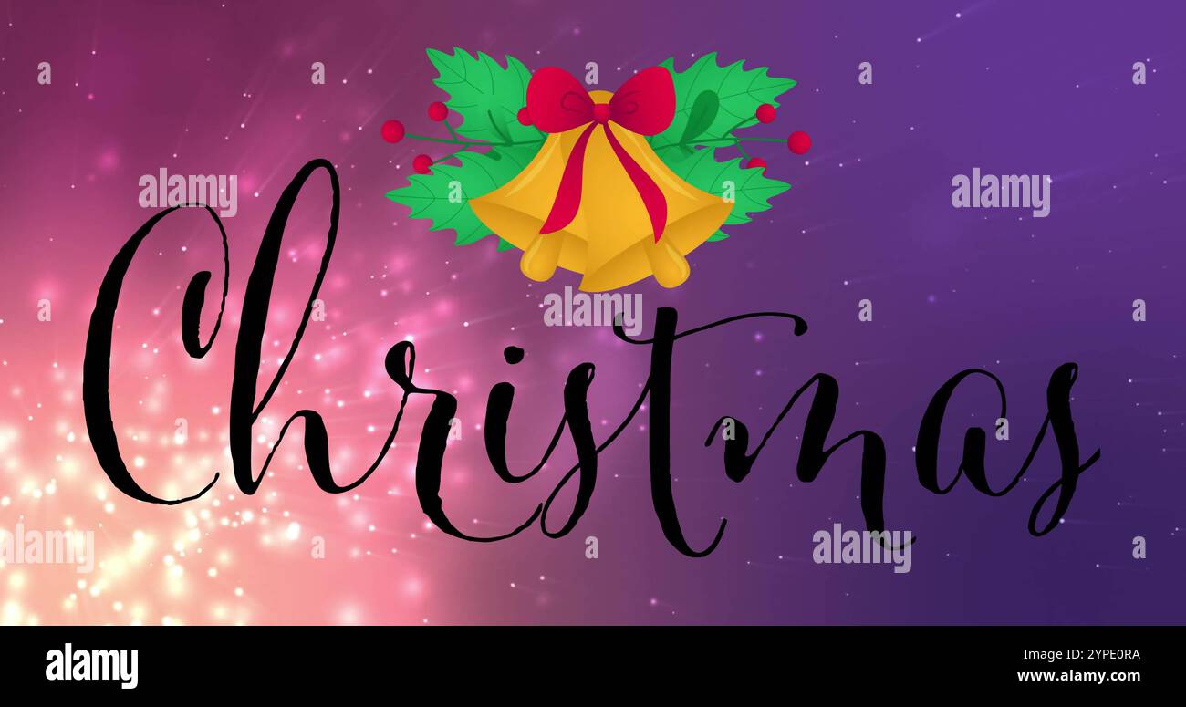 Bild des weihnachtstextes über hellen Flecken auf violettem Hintergrund Stockfoto