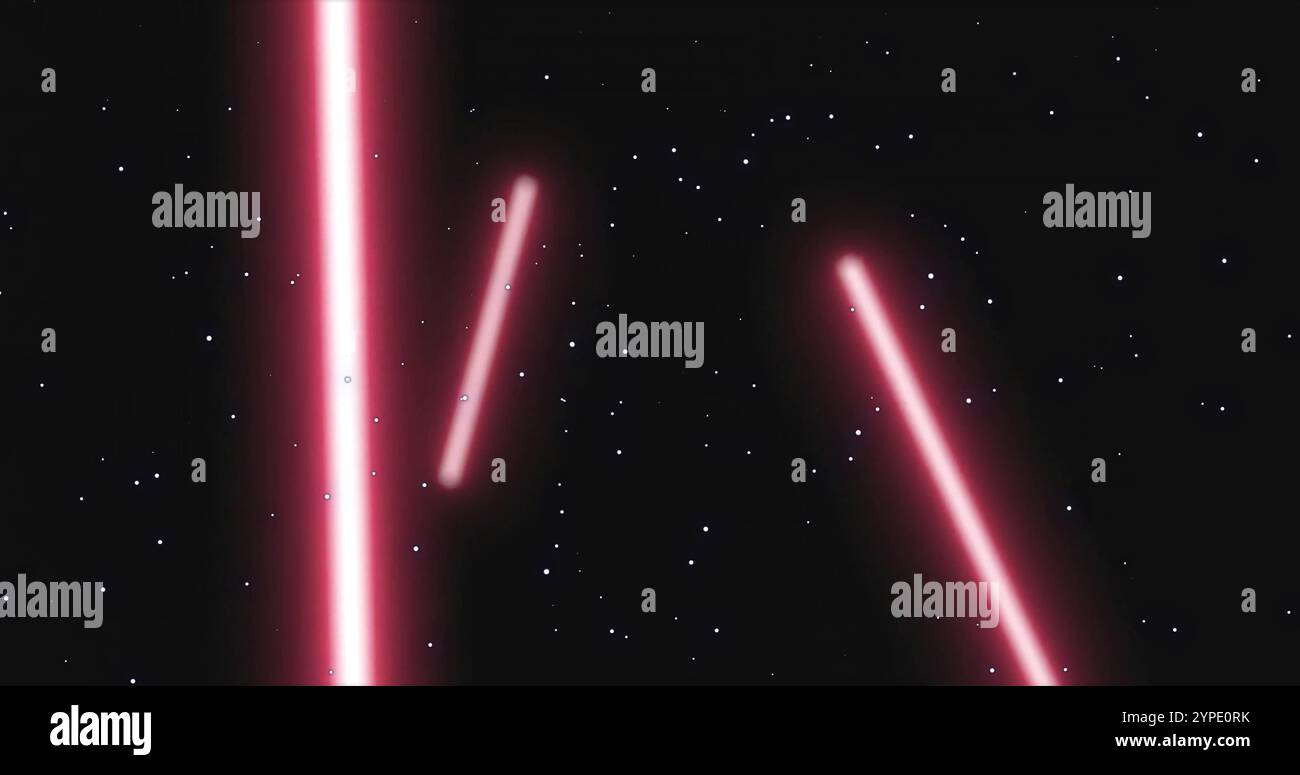 Bild des Schnees, der über Neonlinien auf schwarzem Hintergrund fällt Stockfoto