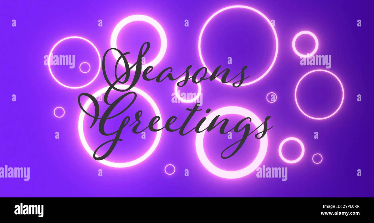 Bild des Begrüßungstextes der Jahreszeiten über Neonkreisen auf blauem Hintergrund Stockfoto