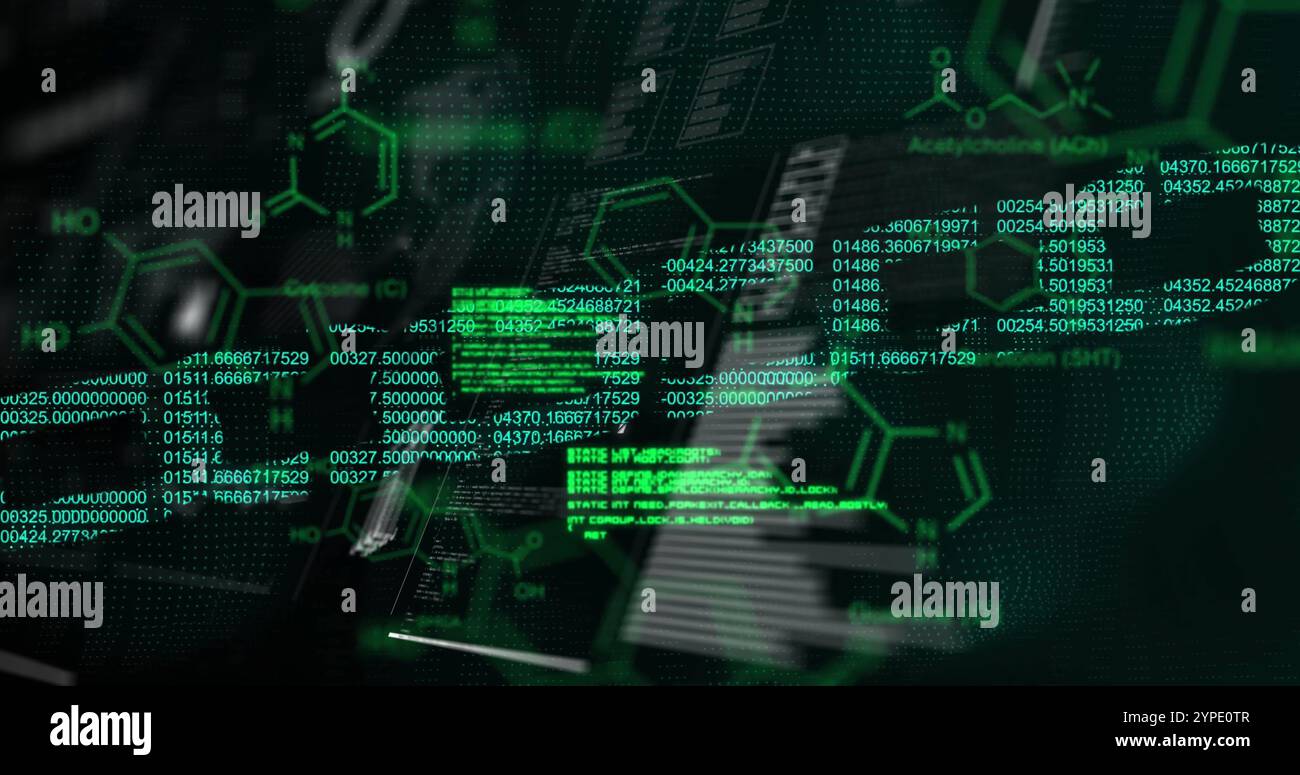 Bild der Datenverarbeitung und -Kette auf schwarzem Hintergrund Stockfoto