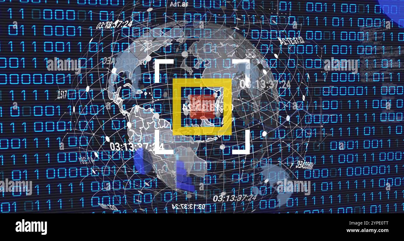 Bild von Globus und Scanner über Datenverarbeitung und Binärcodierung auf schwarzem Hintergrund Stockfoto